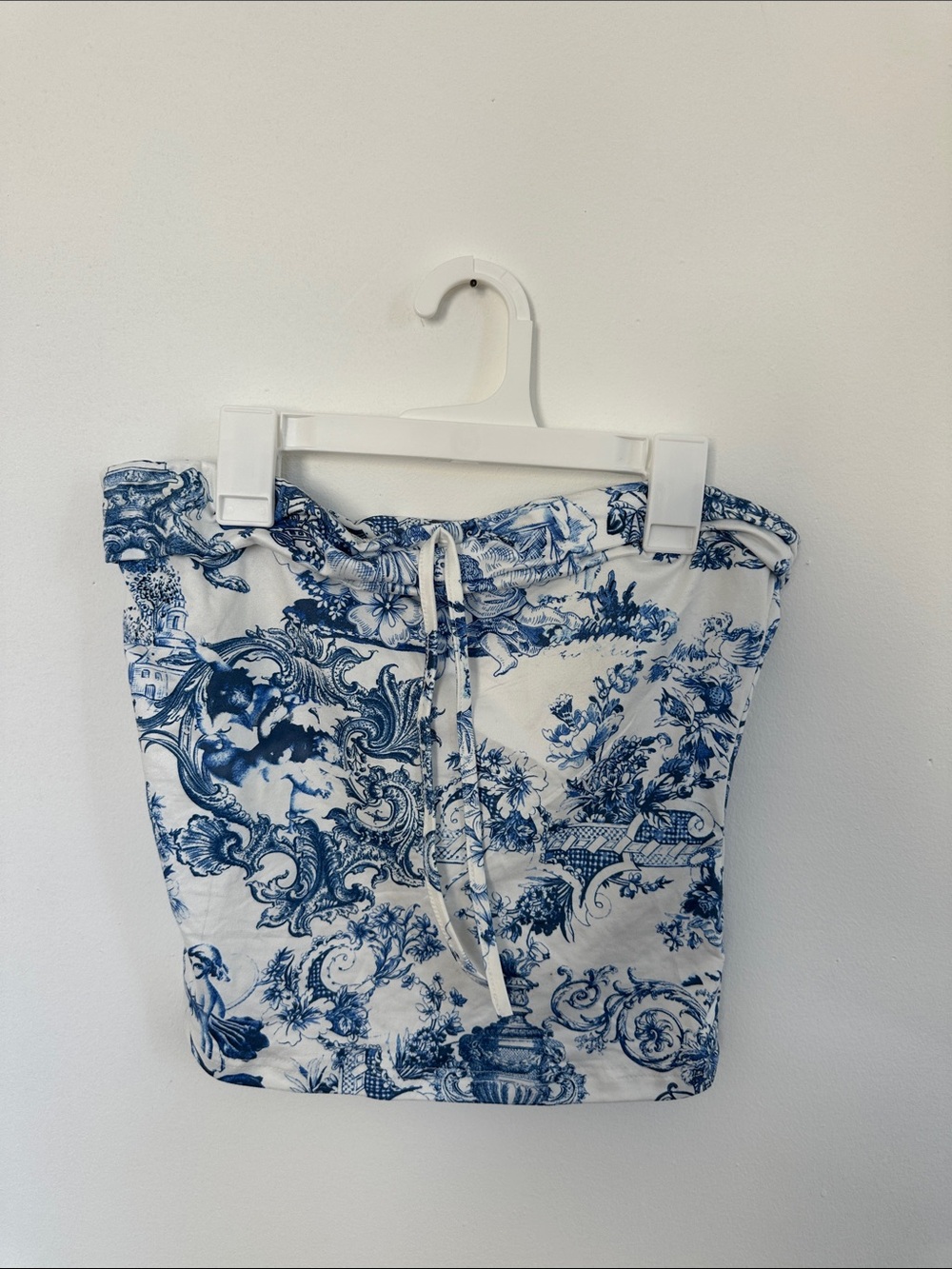 White & Blue Printed Tube Shorts with Drawstring